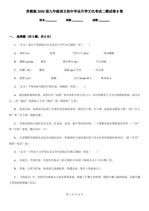 苏教版2020届九年级语文初中毕业升学文化考试二模试卷B卷