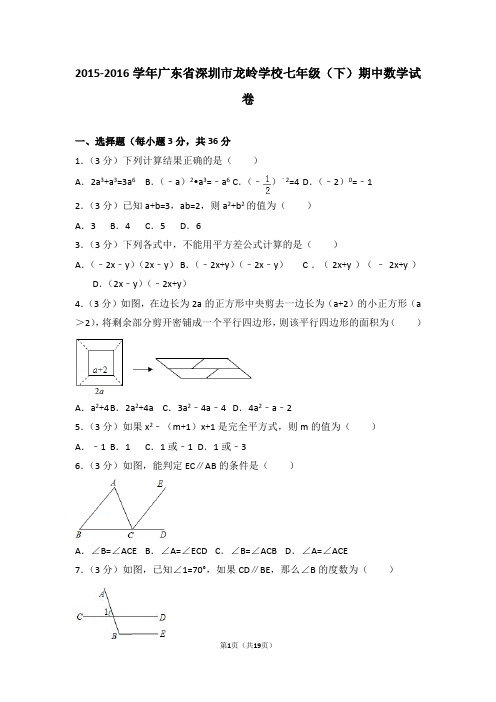 2015-2016学年广东省深圳市龙岭学校七年级(下)期中数学试卷