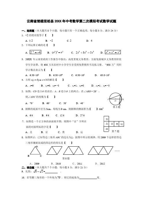 楚雄双柏县中考数学第二次模拟考试数学试题 