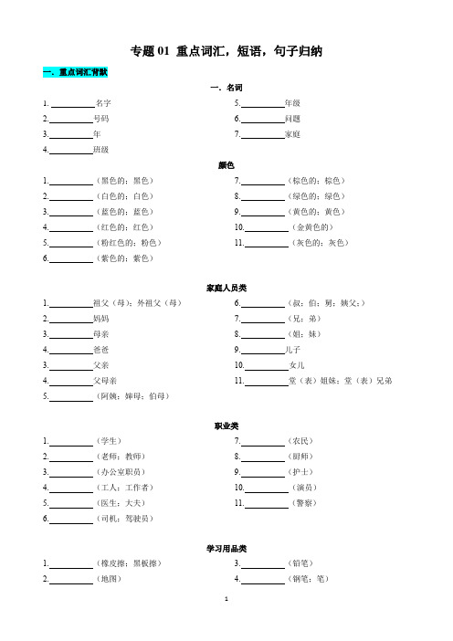 新仁爱版七年级英语上册期中复习专题01 重点词汇,短语,句子归纳(默写版)