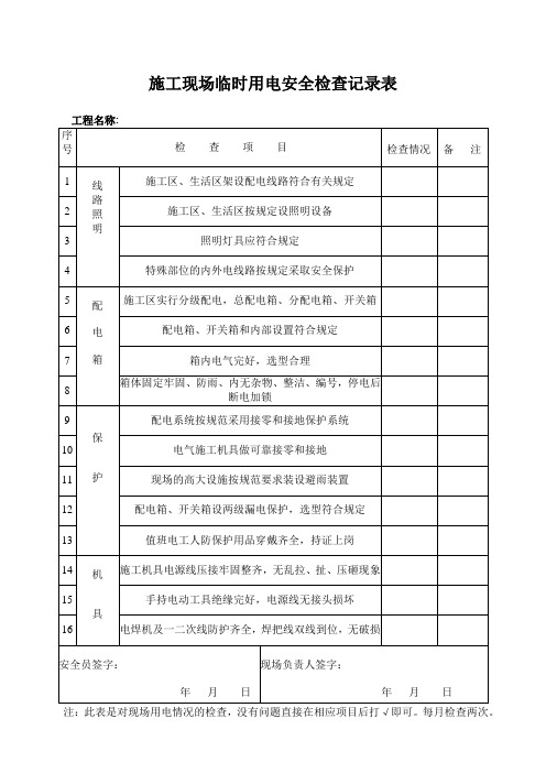 现场施工现场临时用电安全检查记录表格模板