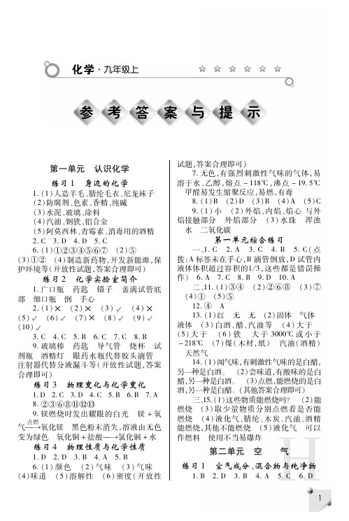 九上化学练习册答案