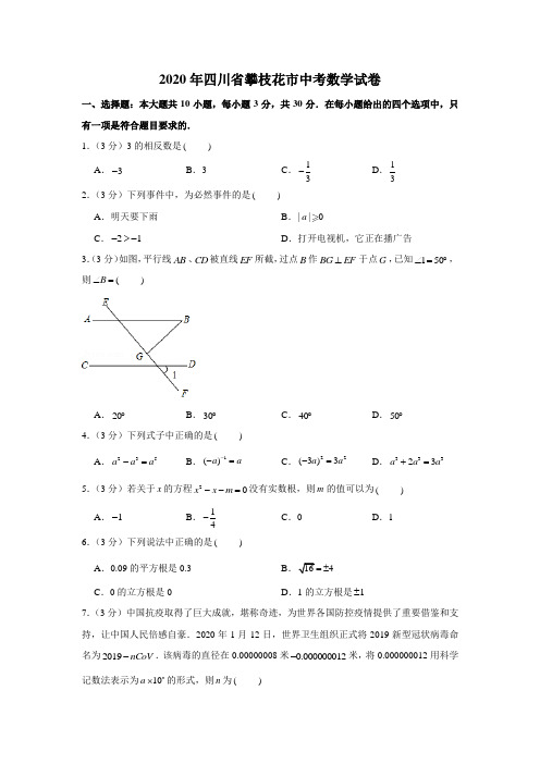 2020年四川省攀枝花市中考数学试卷(解析版)