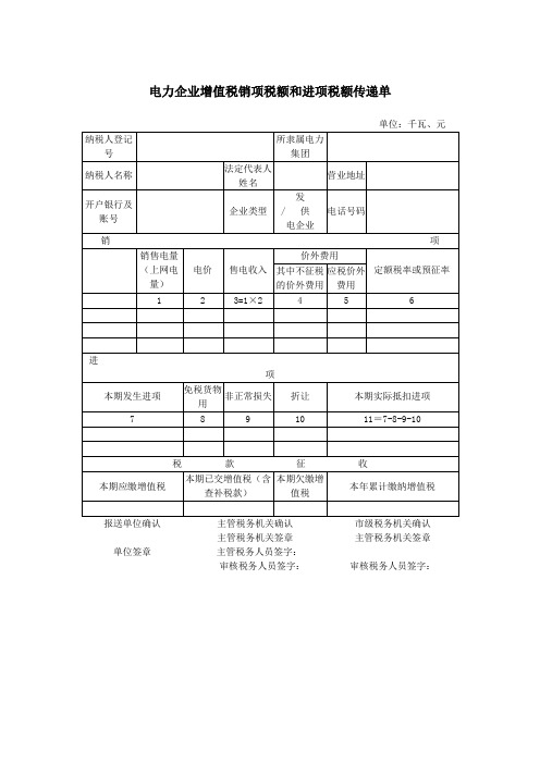 电力企业增值税销项税额和进项税额传递单