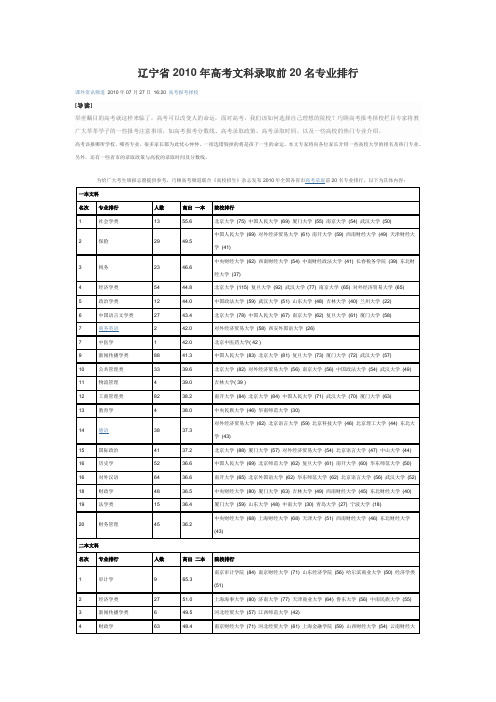 辽宁省2010年高考文科录取前20名专业排行