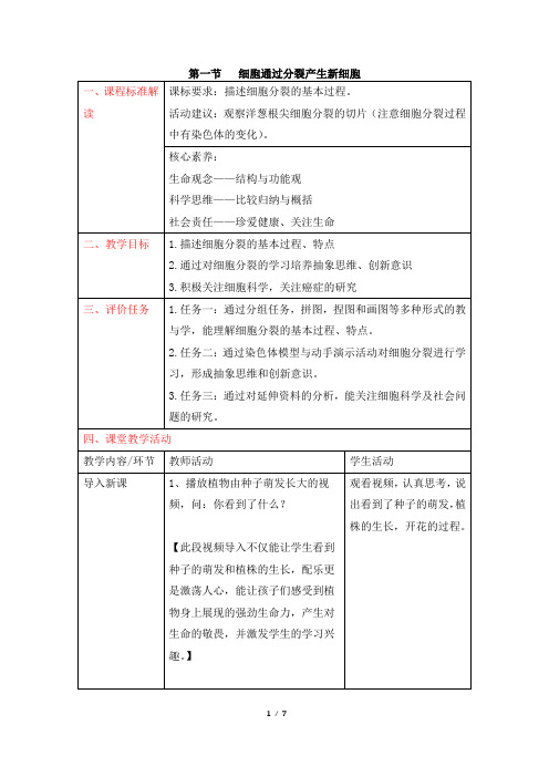 《细胞通过分裂产生新细胞》名师精品教案