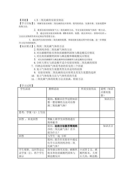 沪教版上海化学九年级第一学期学案设计 43二氧化碳的实验室制法无答案