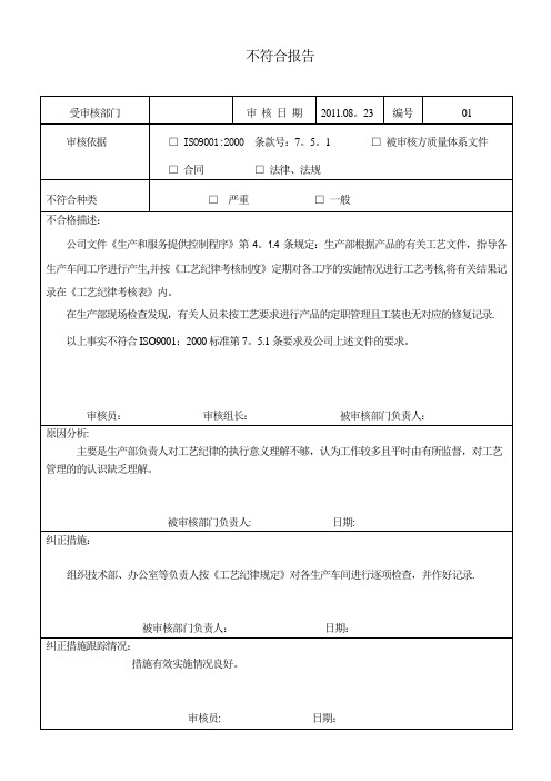 内审不符合项报告范例