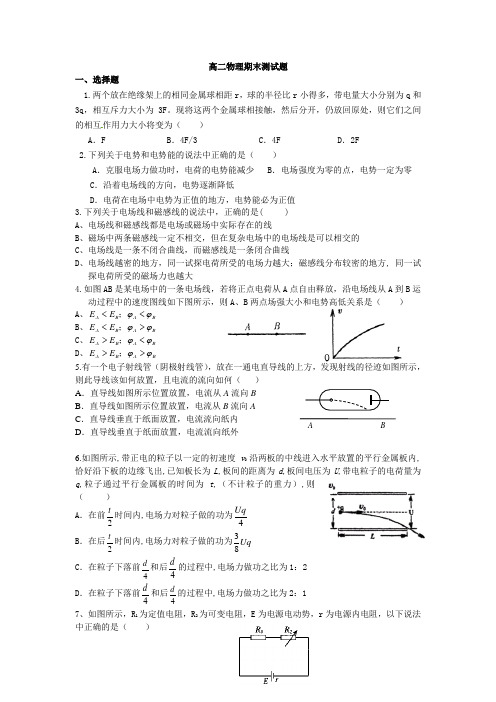 (完整)高二物理选修3-1期末复习测试题