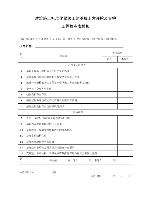 建筑施工标准化星级工地基坑土方开挖及支护工程检查表模板