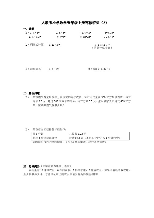 人教版小学数学五年级上册寒假特训(2)