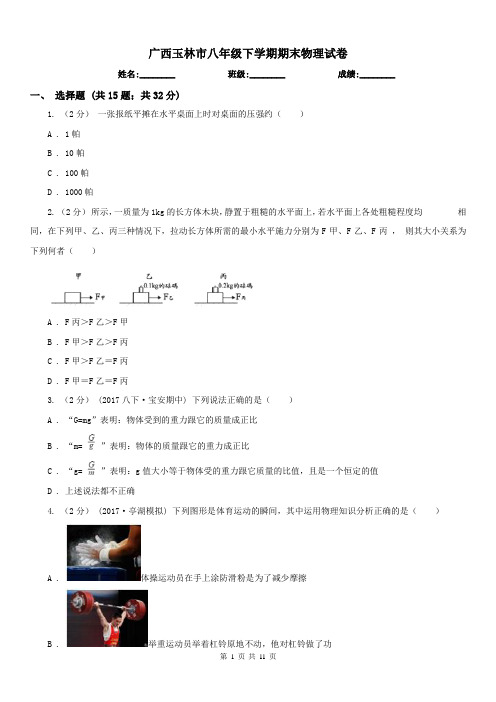 广西玉林市八年级下学期期末物理试卷