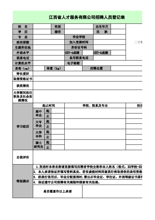 江西省人才服务公司招聘人员登记表