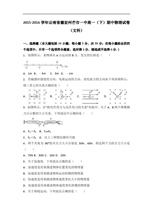 云南省德宏州芒市一中2015-2016学年高一下学期期中物