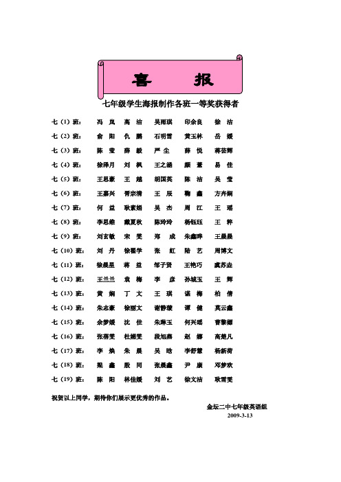 七年级学生海报制作各班一等奖获得者(精)