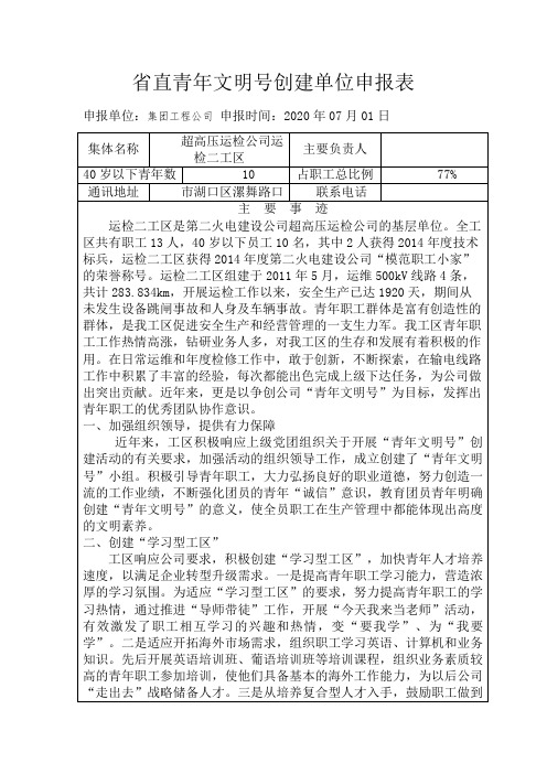 省直青年文明号创建单位申报表