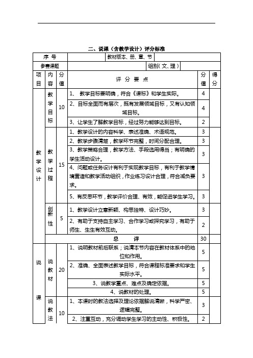 教师招聘说课评分表