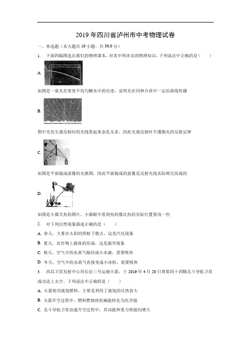 2019年中考物理试题-2019年四川省泸州市中考试题及答案解析