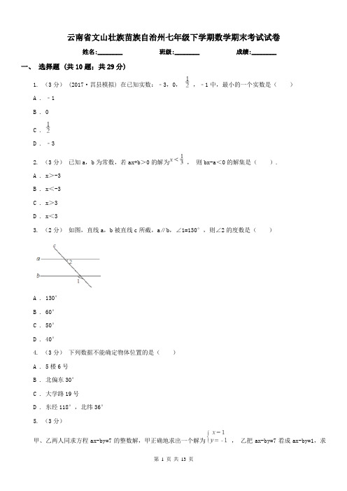 云南省文山壮族苗族自治州七年级下学期数学期末考试试卷