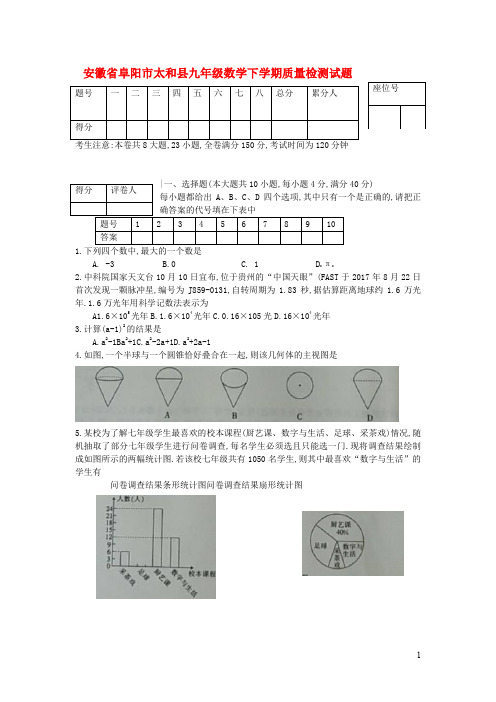 安徽省阜阳市太和县九年级数学下学期质量检测试题