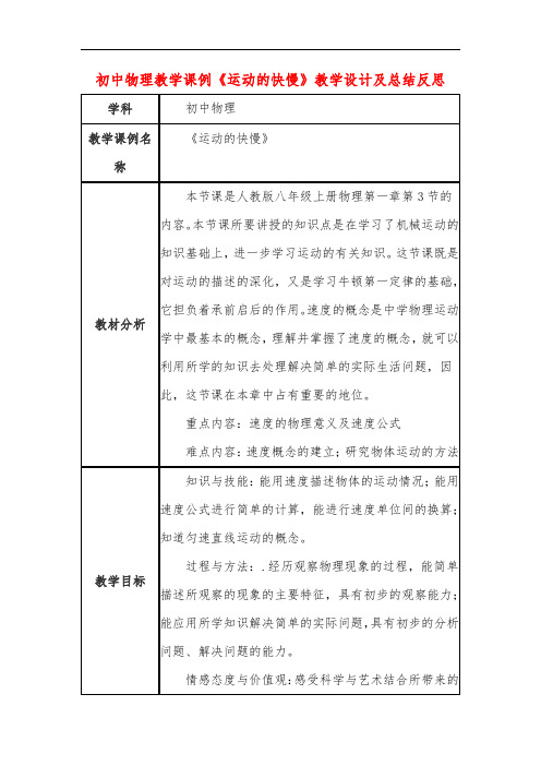 初中物理教学课例《运动的快慢》教学设计及总结反思