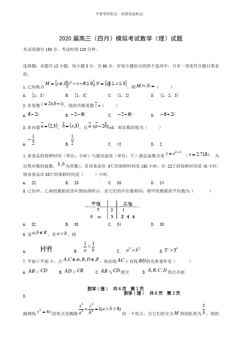 陕西省2020届高三4月模拟考试数学(理)试题