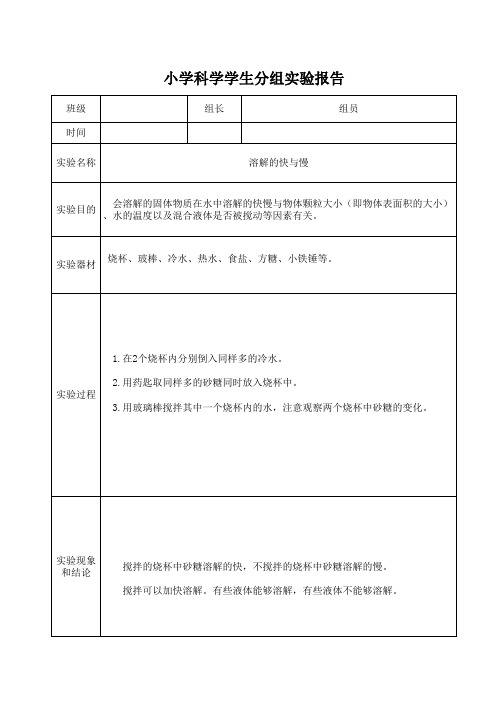 四年级科学实验记录表溶解的快与慢