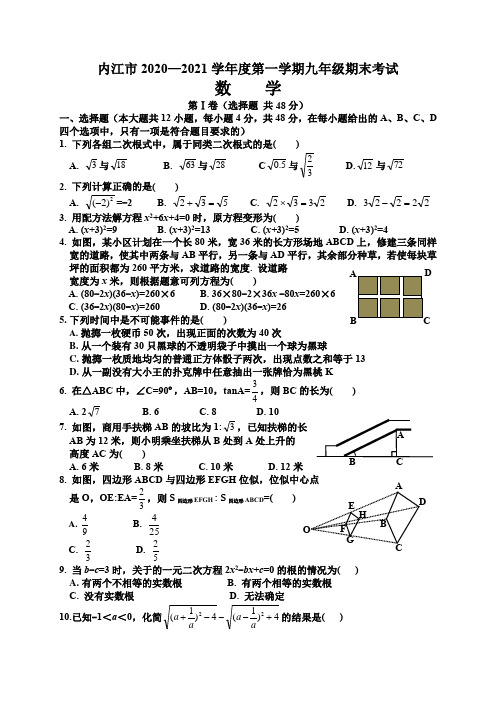 内江市2020-2021学年度九年级第一学期期末考试数学试题(word版,有解答)