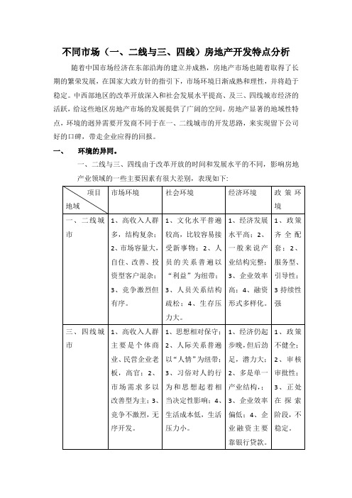 不同市场(一、二线与三、四线)房地产开发特点