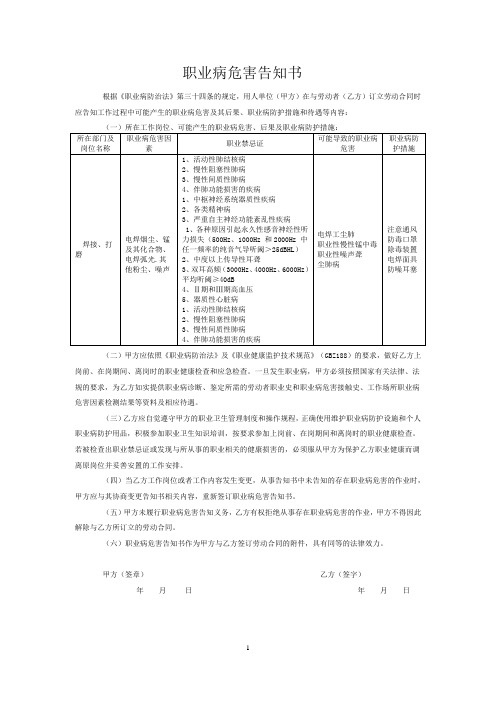 电焊烟尘、锰及其化合物、电焊弧光、其他粉尘、噪声危害告知书