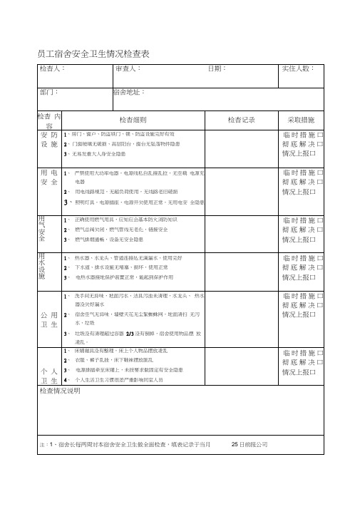 公司员工宿舍安全卫生检查表