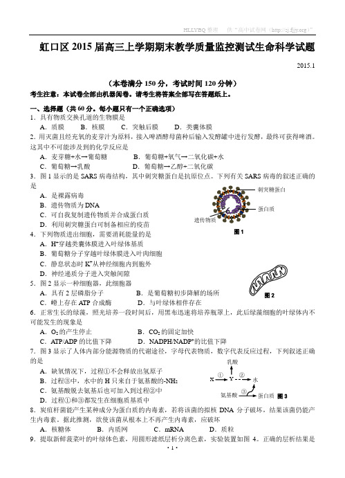 2014-2015上海市虹口区高三上学期期末教学质量监控测试生命科学试题