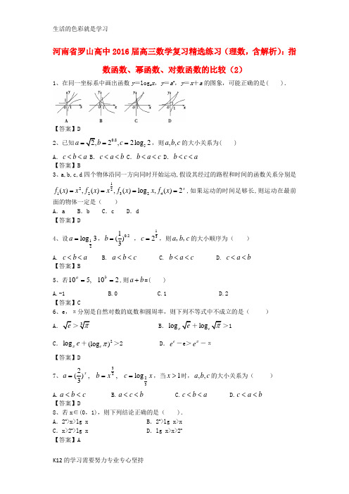 [推荐学习]河南省罗山高中2016届高考数学二轮复习 指数函数、幂函数、对数函数的比较精选练习(2)