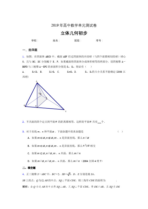 精选2020高考数学《立体几何初步》专题考核题完整版(含参考答案)