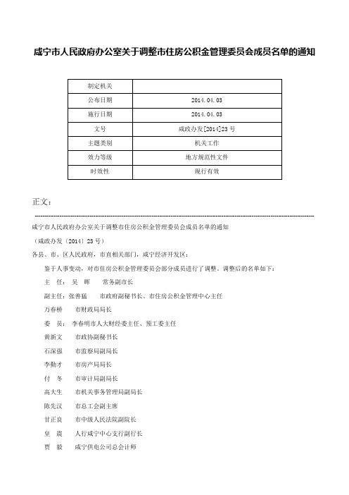 咸宁市人民政府办公室关于调整市住房公积金管理委员会成员名单的通知-咸政办发[2014]23号