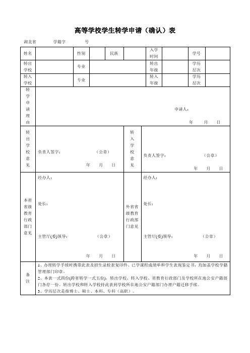 高等学校学生转学申请确认表