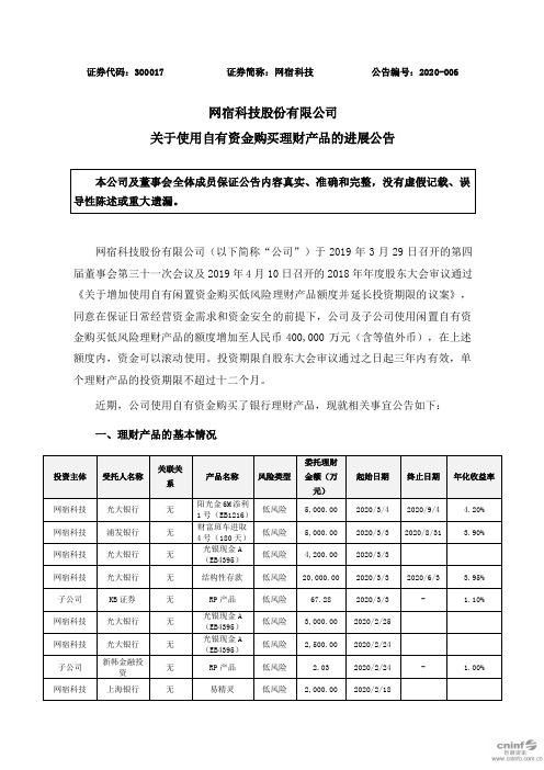 网宿科技股份有限公司关于使用自有资金购买理财产品的进展