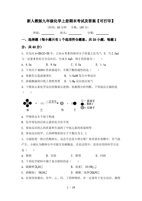 新人教版九年级化学上册期末考试及答案【可打印】