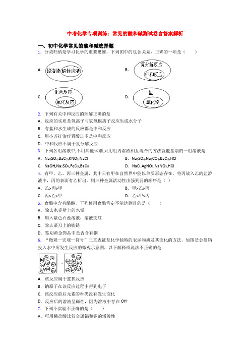 中考化学专项训练：常见的酸和碱测试卷含答案解析