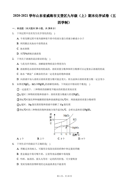 2020-2021学年山东省威海市文登区九年级(上)期末化学试卷(五四学制)