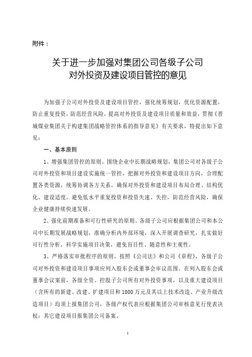 关于进一步加强对集团公司各级子公司对外投资及项目管控的意见(1)