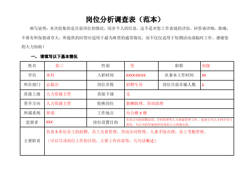 岗位分析调查表(范本)