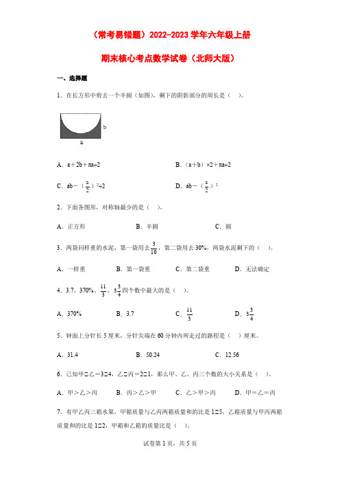 (常考易错题)2022-2023学年六年级上册期末核心考点数学试卷(北师大版)