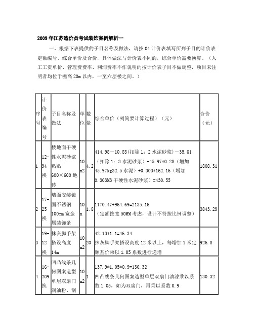 2009年江苏造价员考试装饰案例解析一