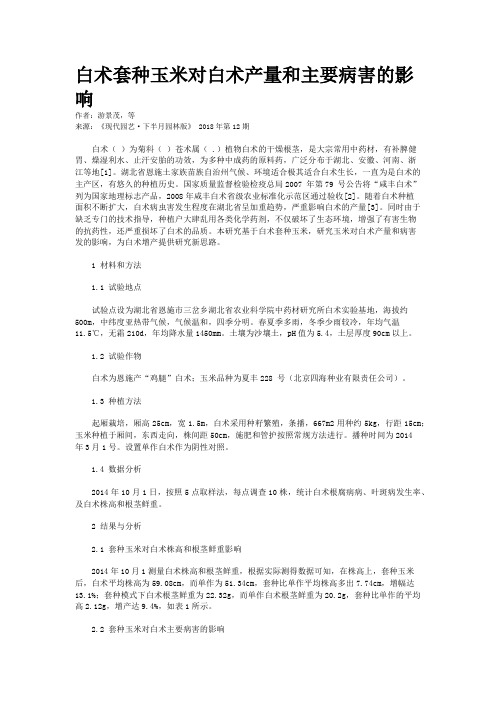 白术套种玉米对白术产量和主要病害的影响