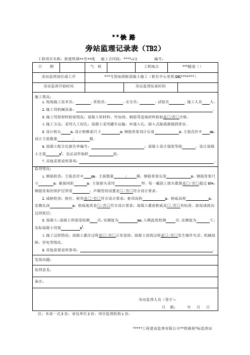 铁路隧道工程监理旁站记录样表