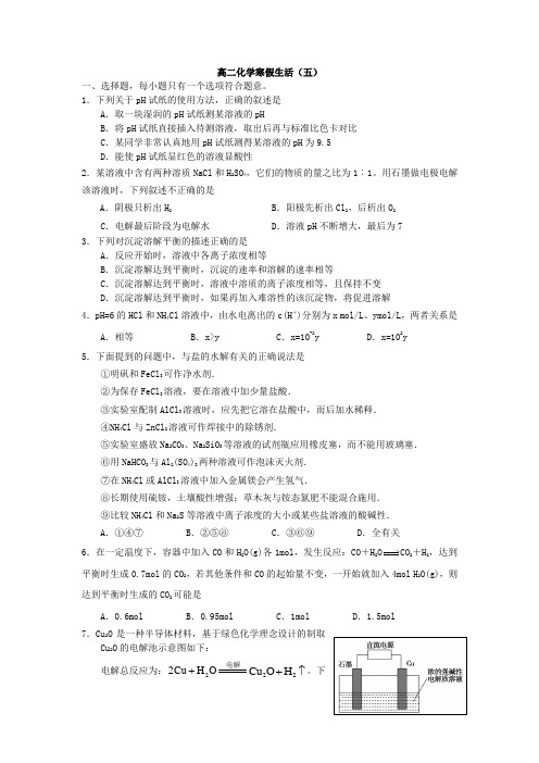 人教版高中化学选修一高二寒假作业化学(五)Word含答案