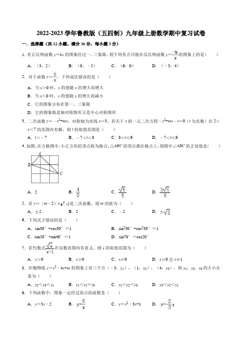 2022-2023学年鲁教版五四制九年级上期中复习数学试卷含答案解析