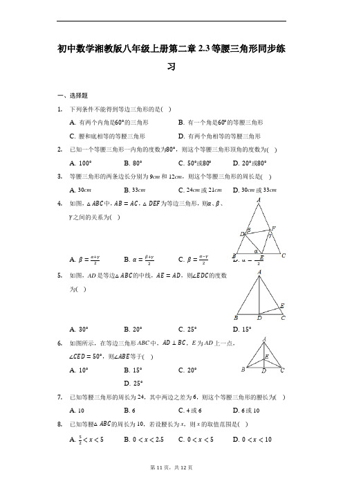 初中数学湘教版八年级上册第二章2.3等腰三角形同步练习