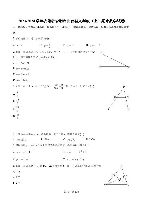 2023-2024学年安徽省合肥市肥西县九年级(上)期末数学试卷+答案解析